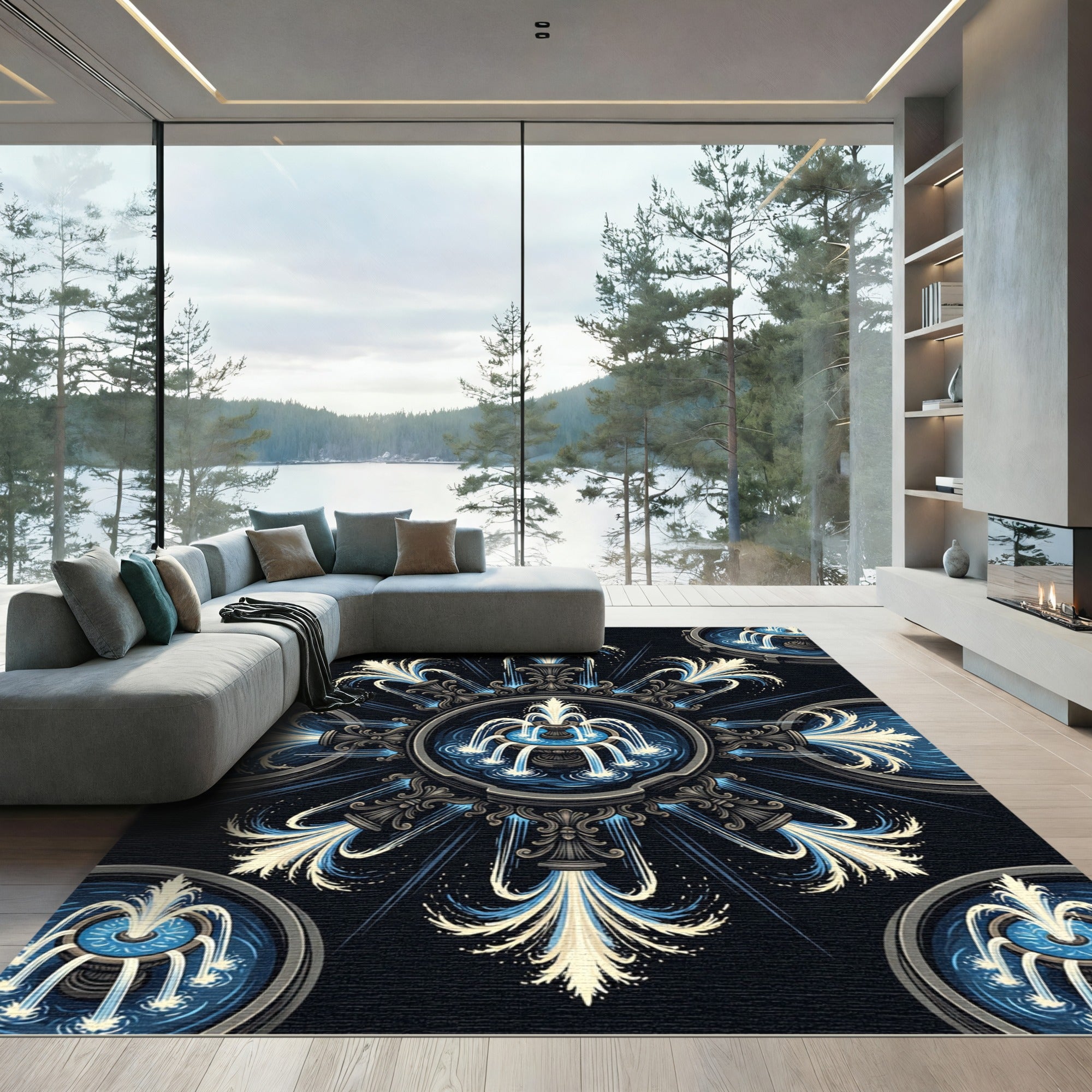 Ornamental Blue Fountain Radiant Symmetry Rug