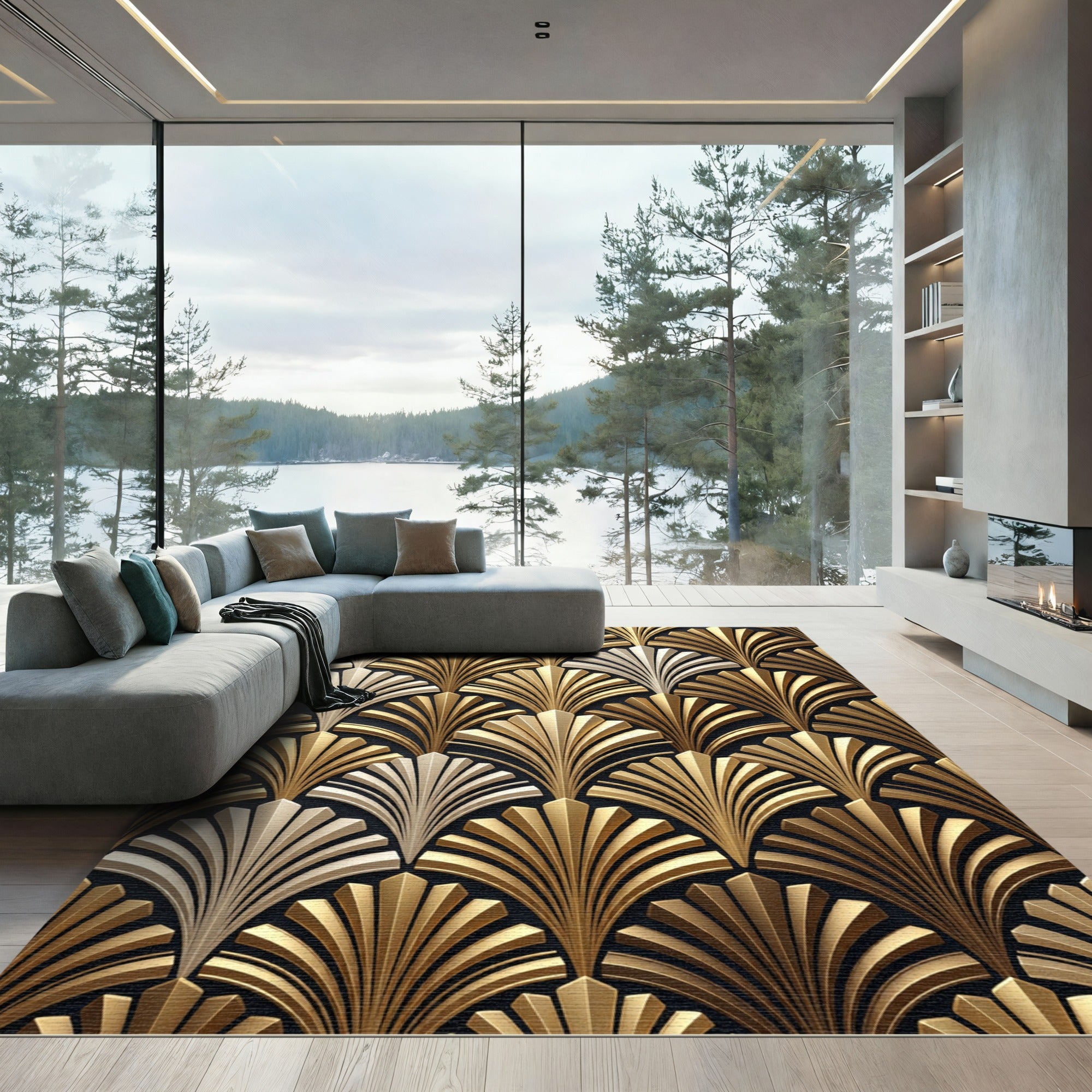 Sophisticated Art Deco Gold Fan Rug