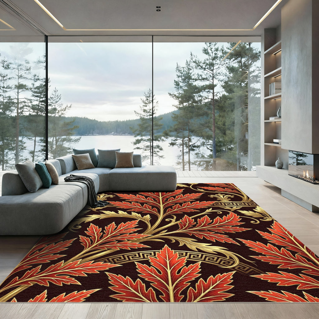 Golden Acanthus Leaves Crimson Scroll Rug