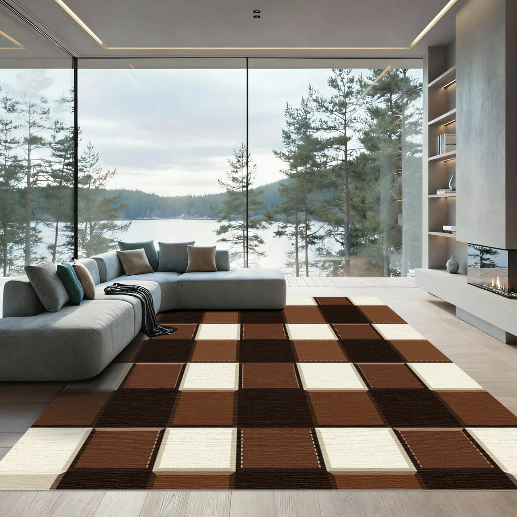Chocolate Brown Stitched Checkerboard Rug