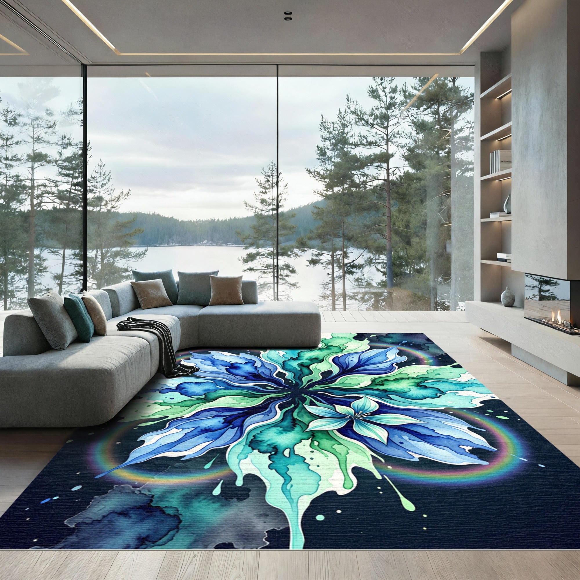 Vibrant Blue Green Watercolor Abstract Floral Rug