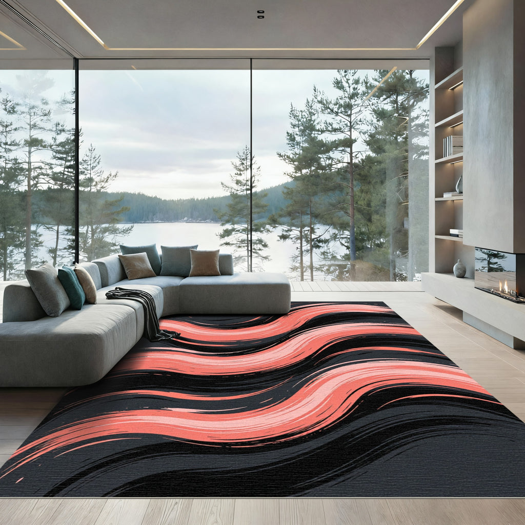 Modern Coral Pink Wavy Abstract Line Rug