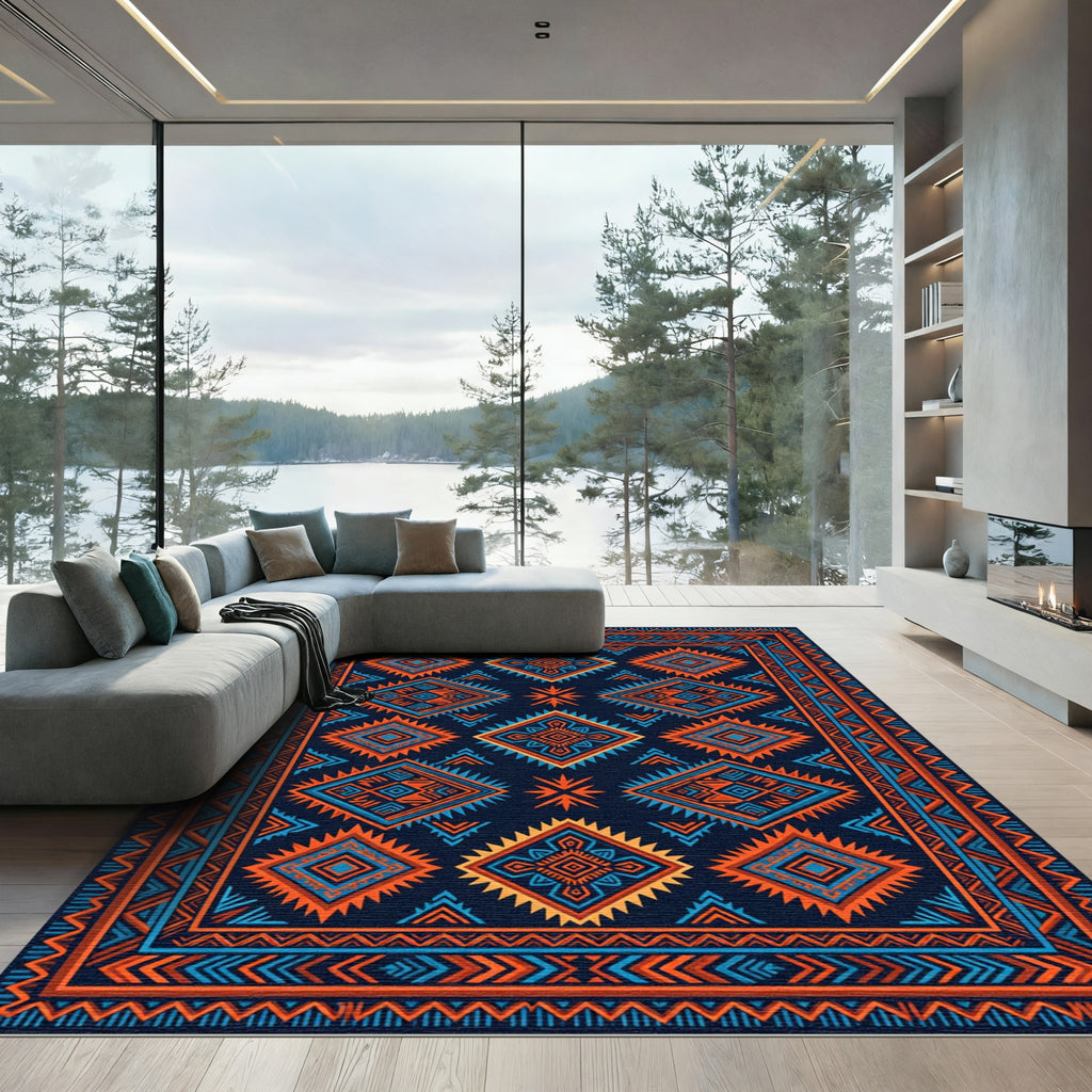 Vibrant Electric Blue Orange Geo Diamond Rug