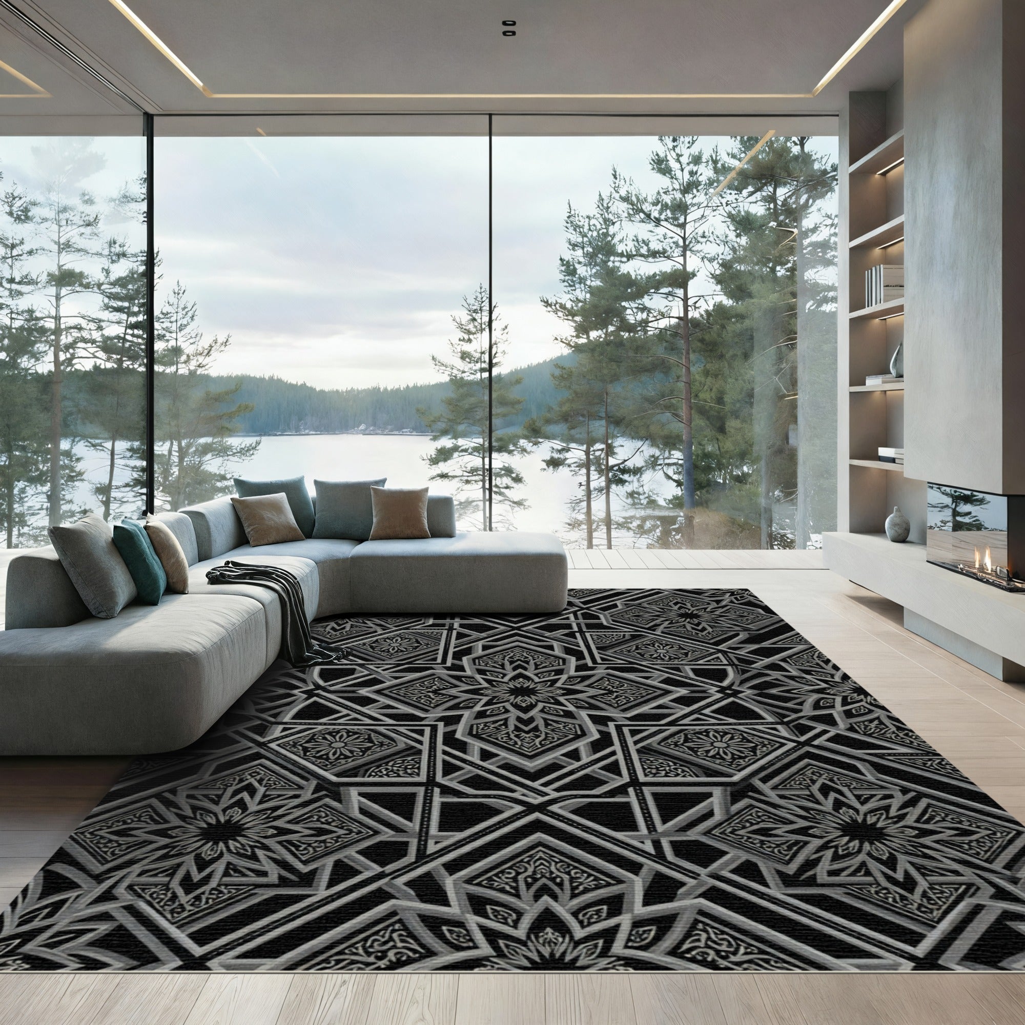 Intricate Black Silver Starburst Geometric Rug