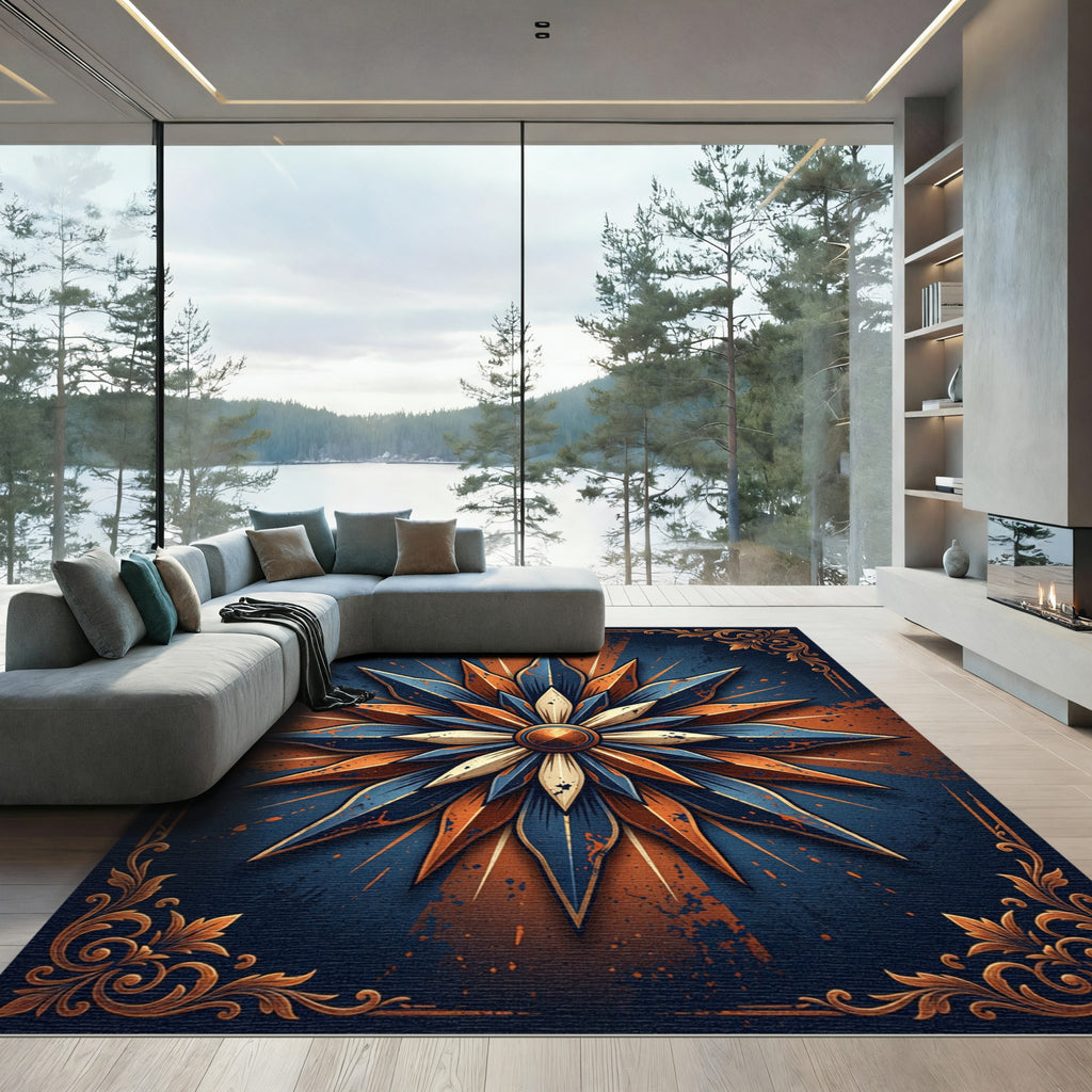 Deep Blue Orange Starburst Emblem Rug