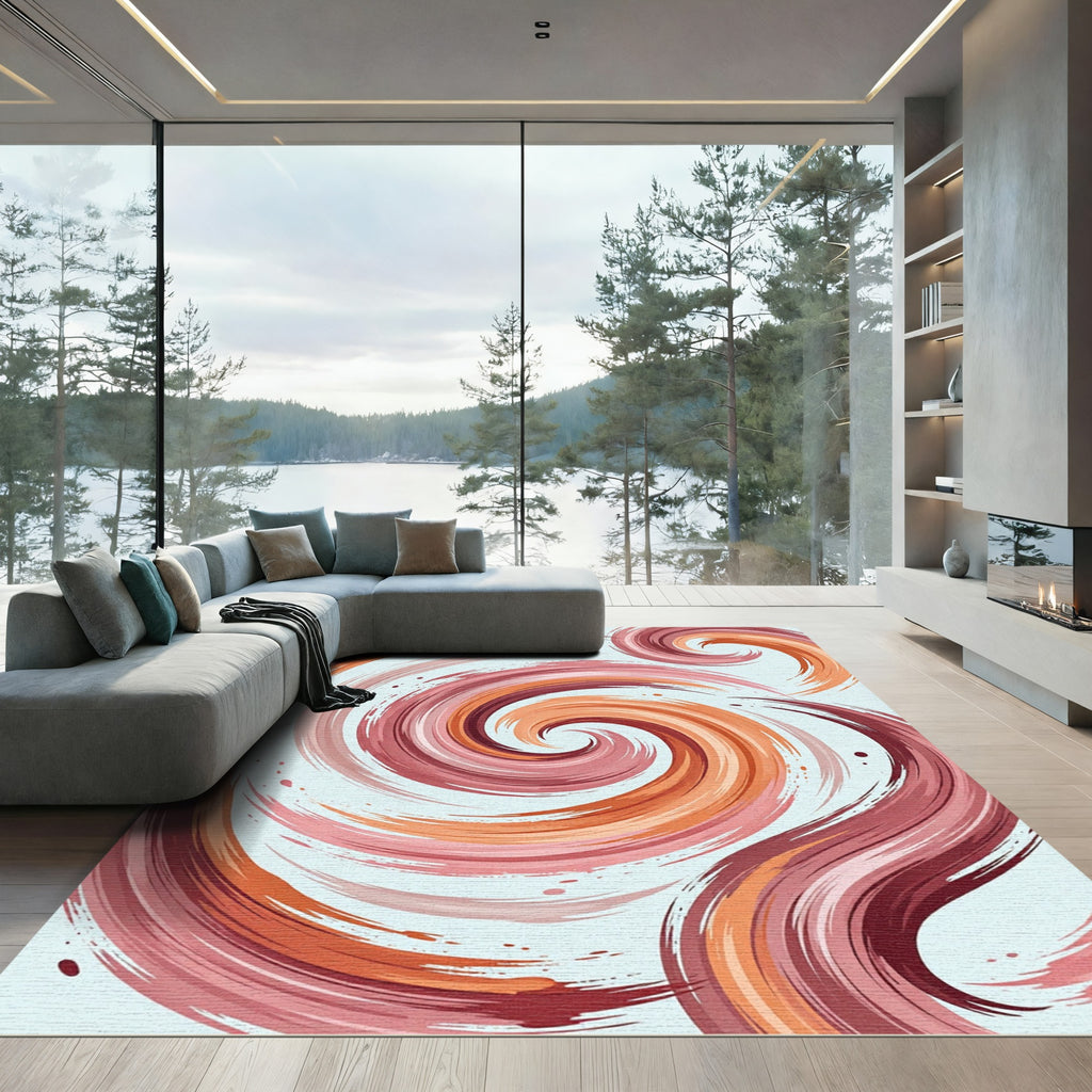 Abstract Terracotta Crimson Swirl Art Rug