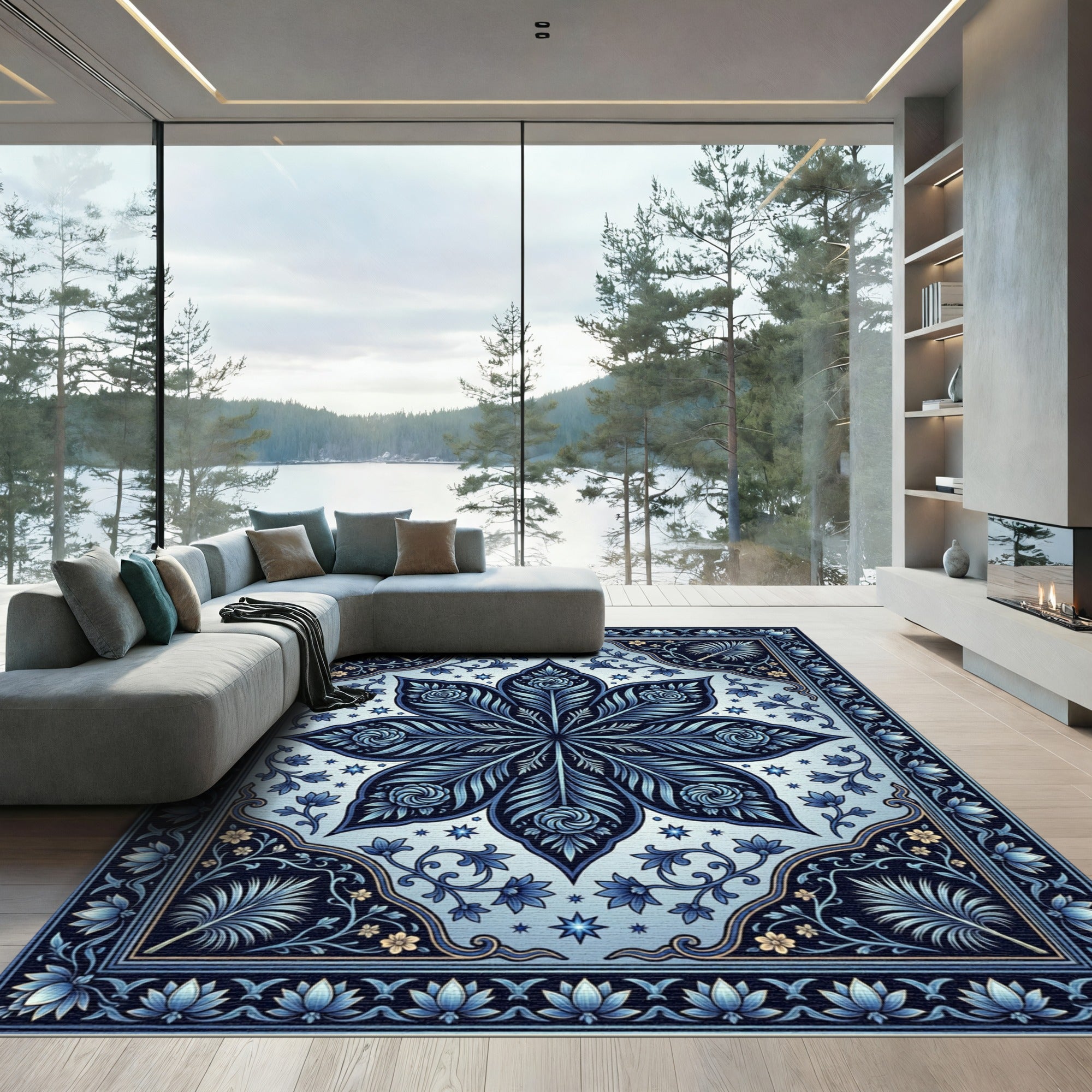 Deep Blue Floral Medallion Art Rug