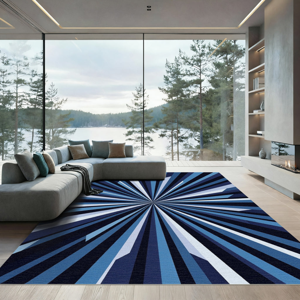 Radial Blue Geometric Burst Rug