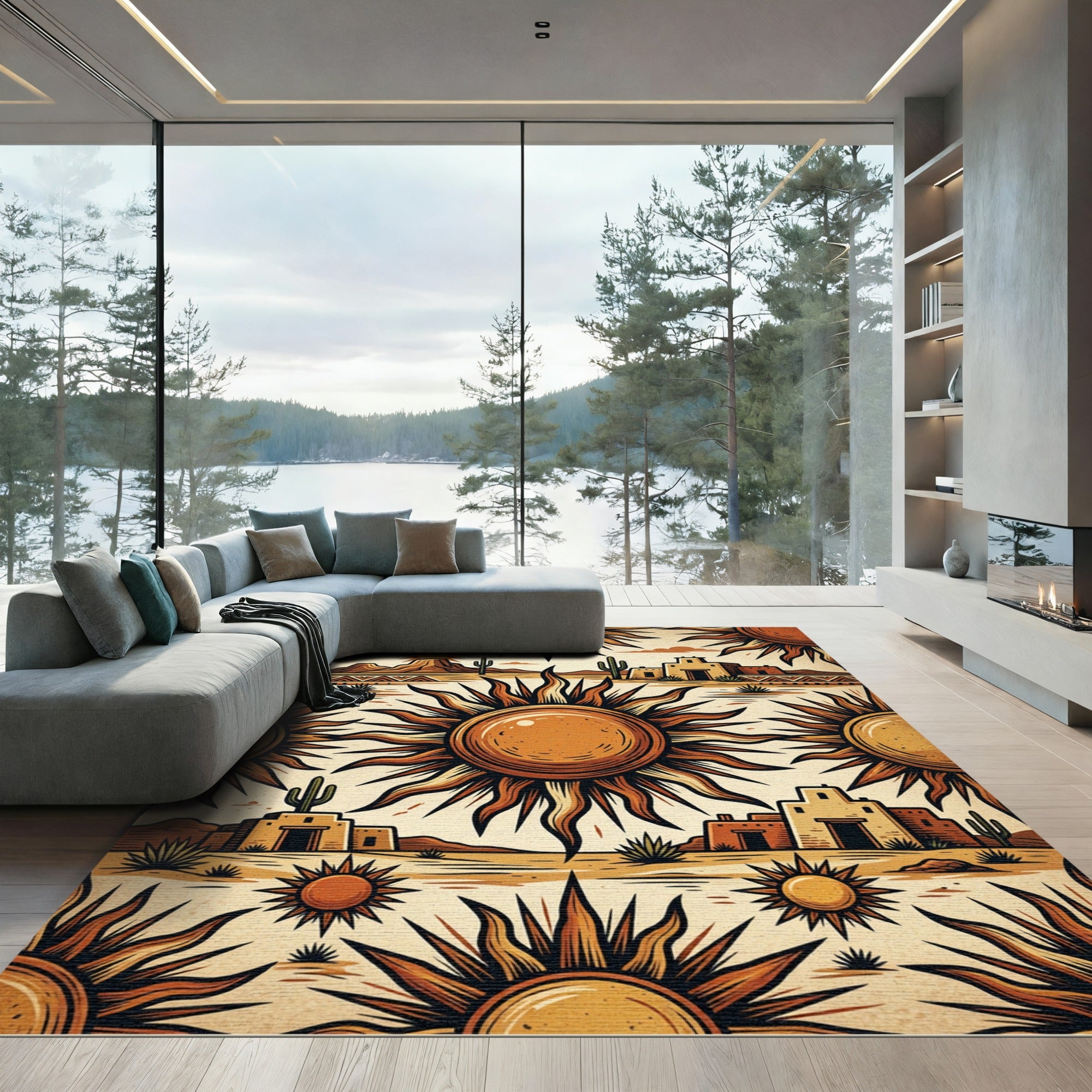 Golden Sun Desert Landscape Pueblo Illustration Rug