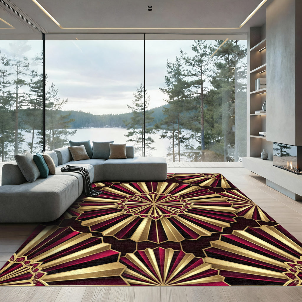 Gold and Burgundy Radiant Fan Medallion Rug
