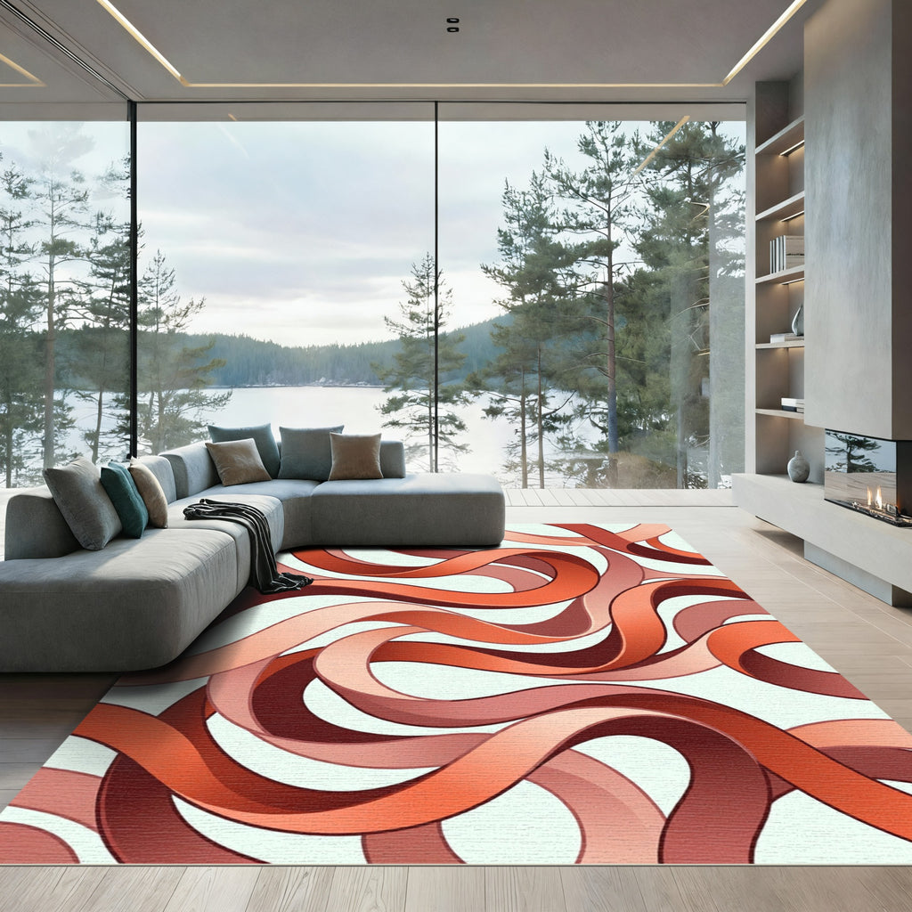 Crimson Ribbon Flow Abstract Rug