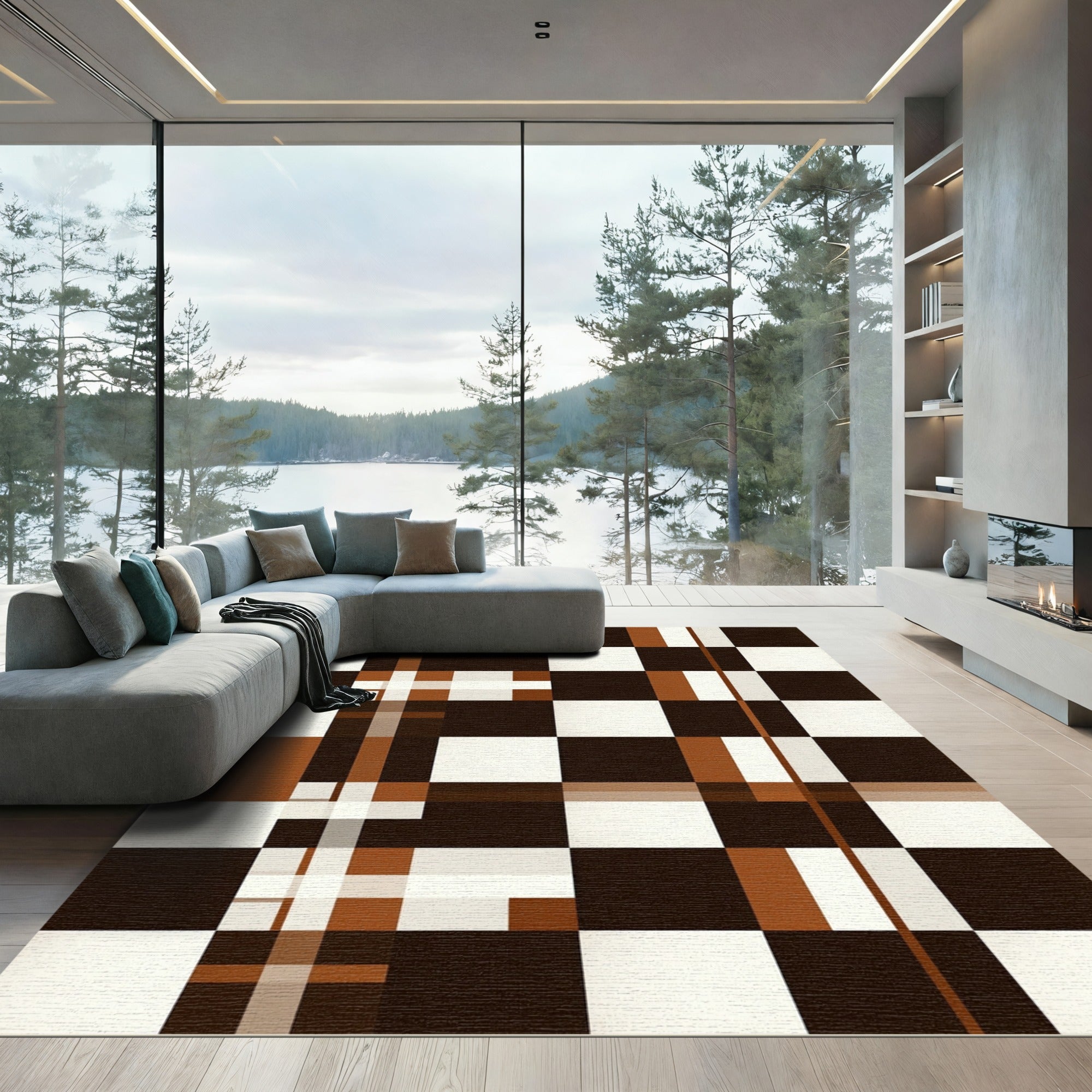 Brown White Plaid Geometric Composition Rug