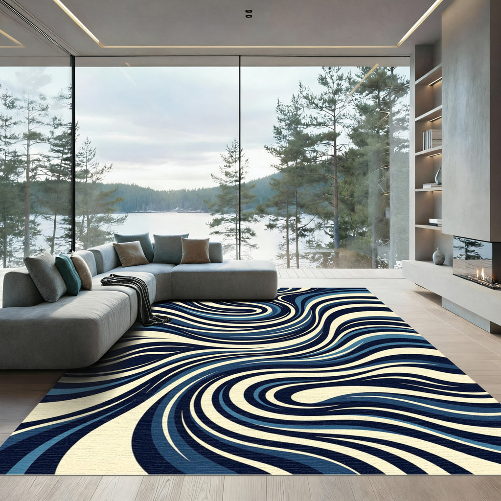 Deep Blue Cream Swirl Abstract Rug