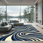 Deep Blue Cream Swirl Abstract Rug