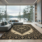 Ornate Monochrome Black Floral Heart Rug