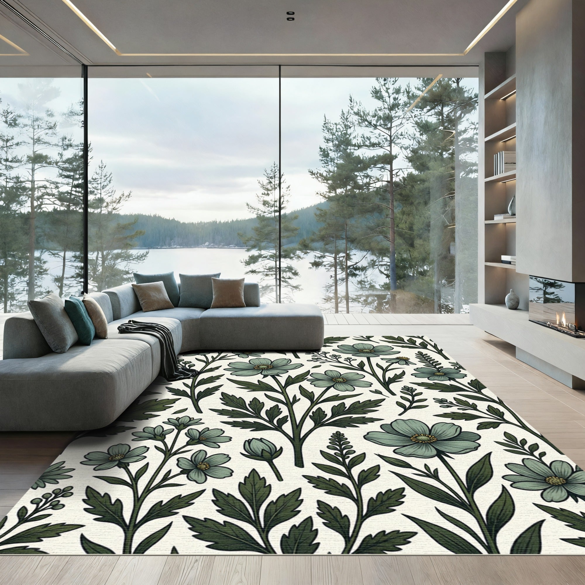 Sage Green Botanical Cosmos Floral Rug
