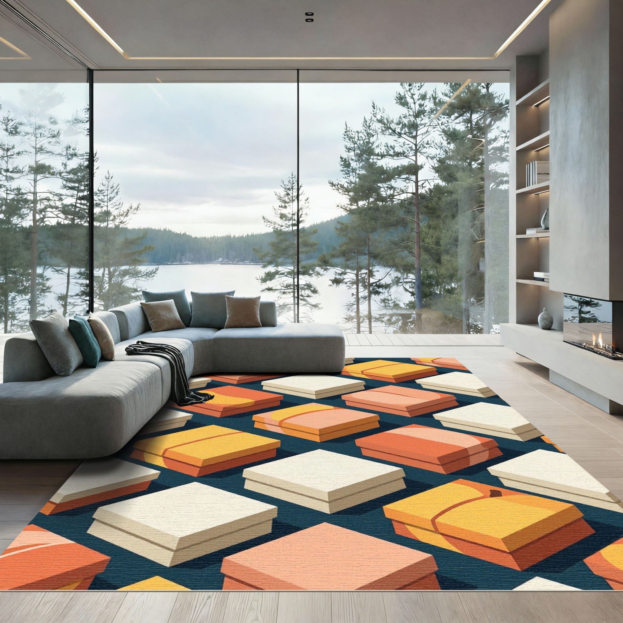 Orange Yellow Cream Square Stacks Rug
