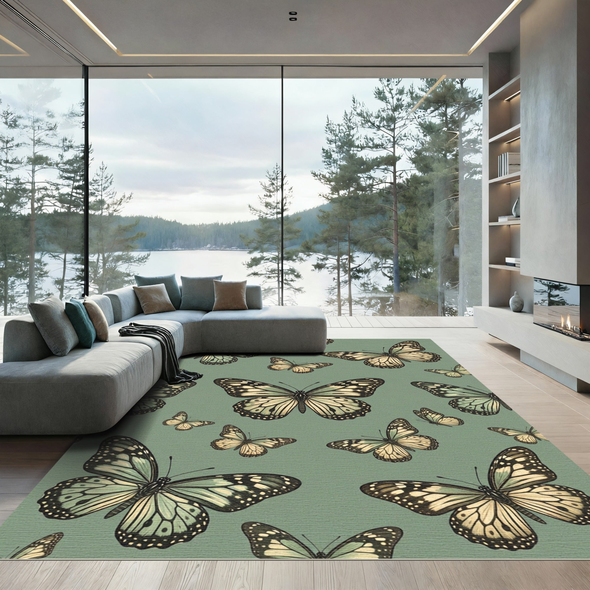 Sage Green Whimsical Butterfly Garden Rug
