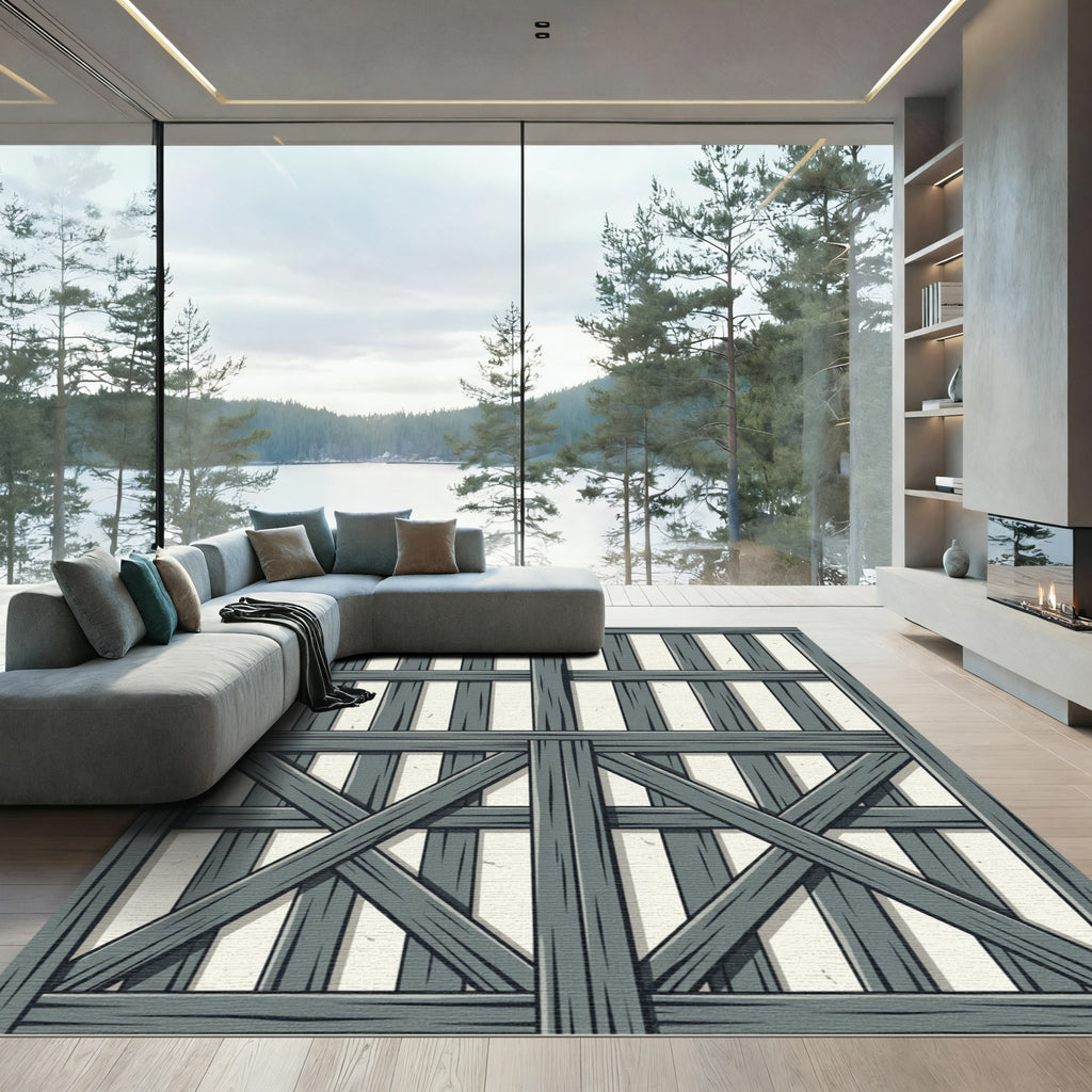 Rustic Gray Wood Plank Lattice Rug