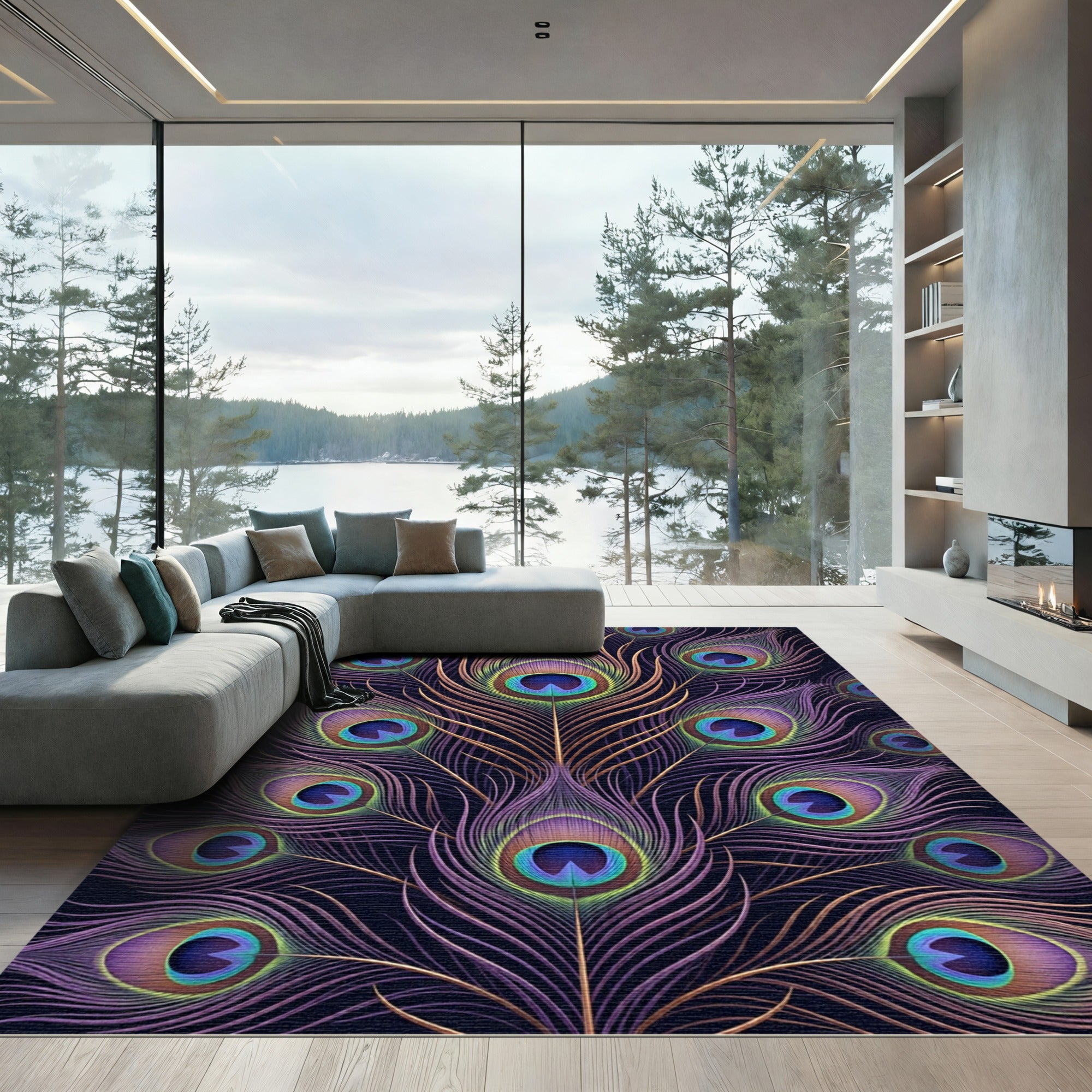 Opulent Peacock Feather Fan Statement Rug