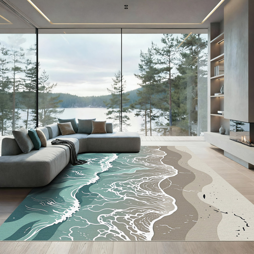 Abstract Teal Ocean Shore Wave Rug