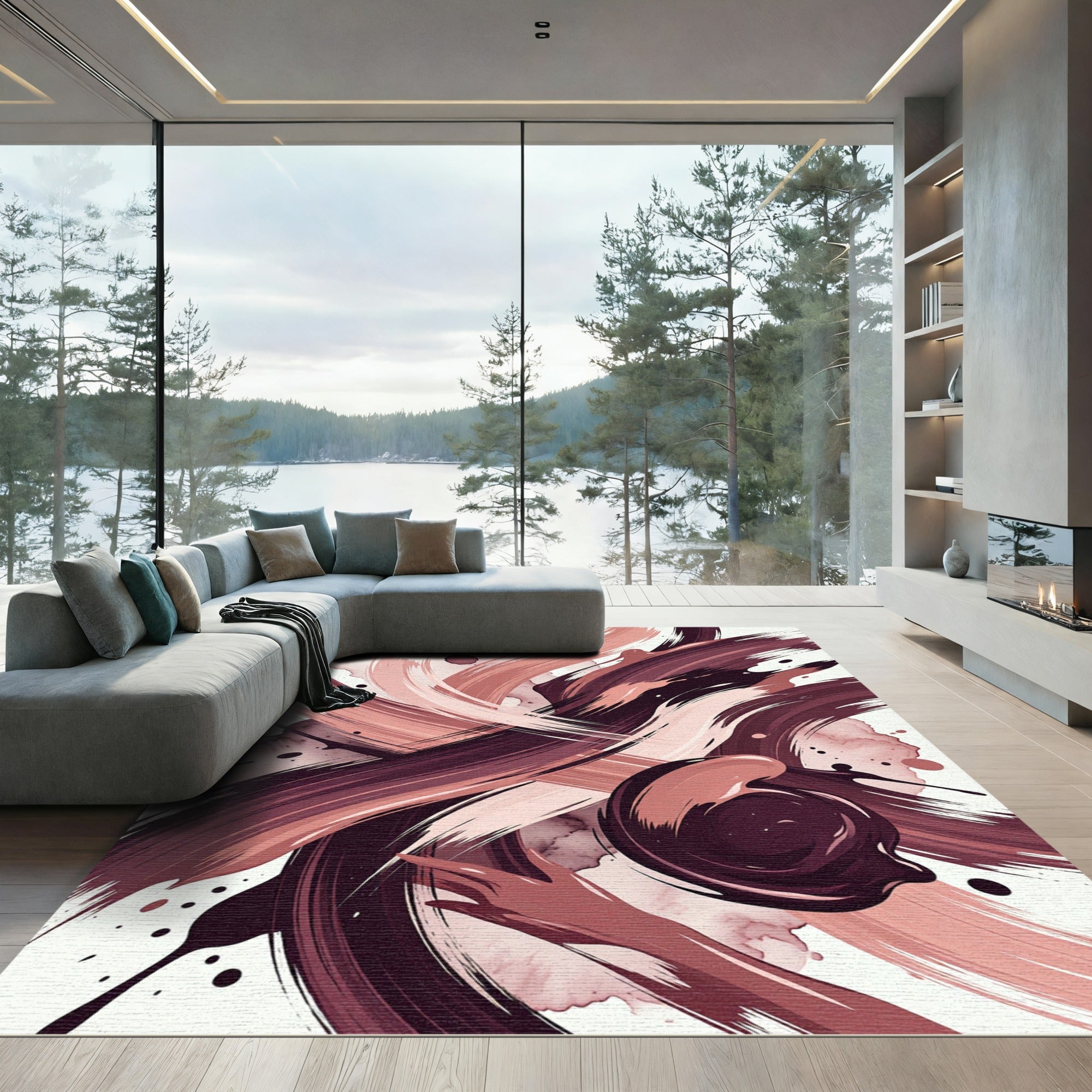 Abstract Wine and Rose Brushstroke Rug