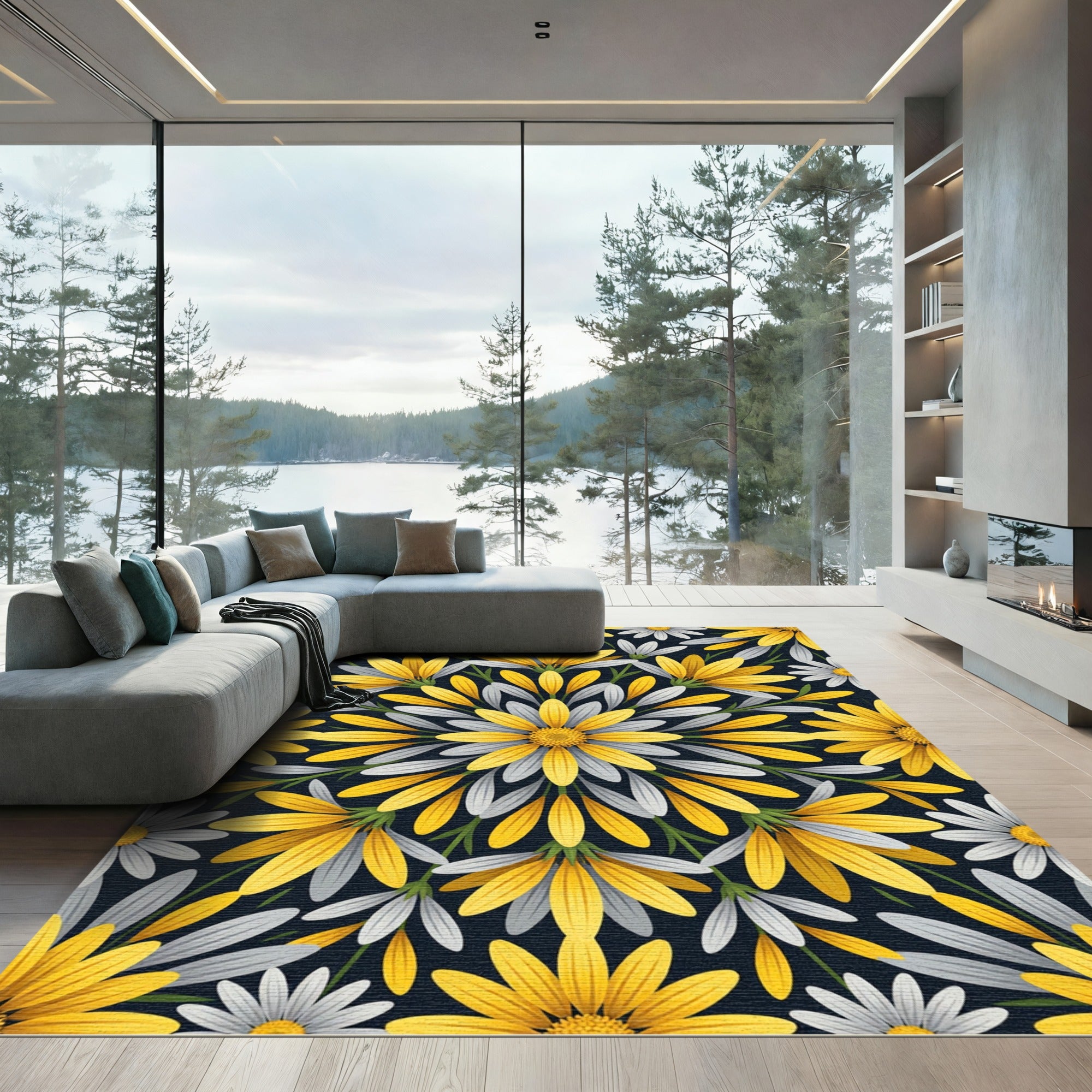 Golden Daisy Floral Mandala Over Navy Rug