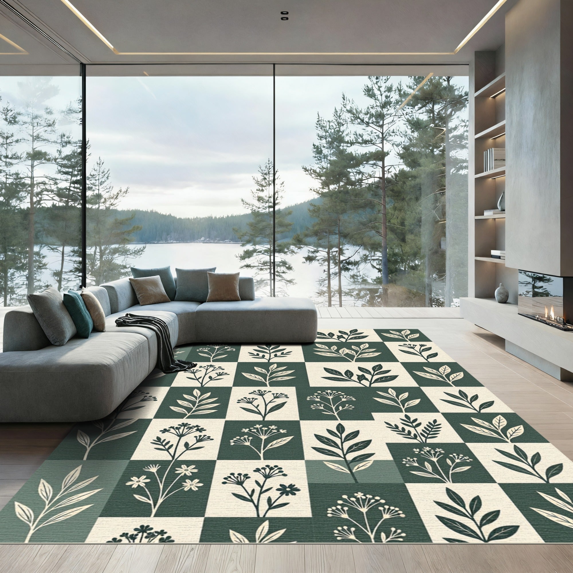 Sage and Ivory Botanical Grid Check Rug