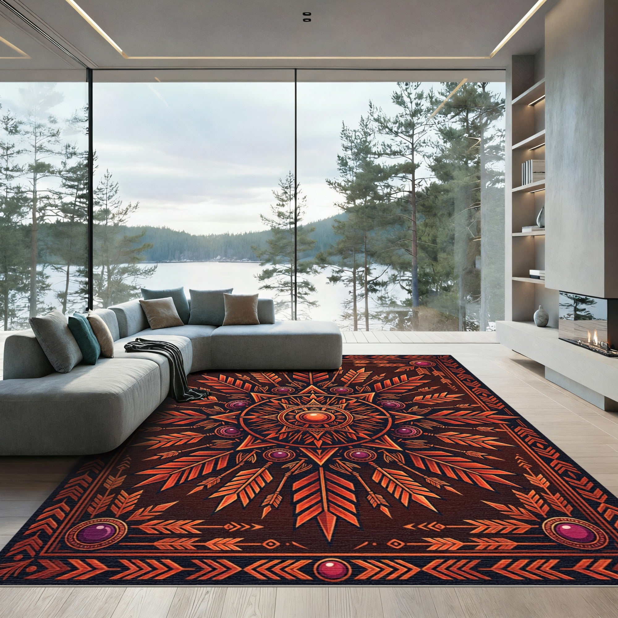 Radiant Amber Arrow Sunburst Medallion Rug