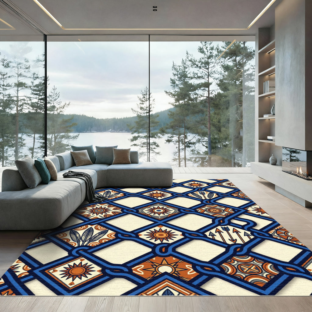 Geometric Navy Blue Sun Feather Lattice Rug