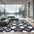 Geometric Navy Blue Sun Feather Lattice Rug