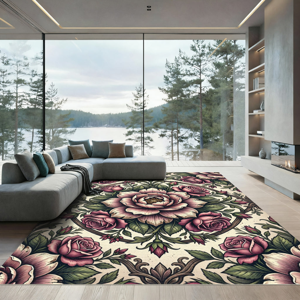 Romantic Blush Rose Medallion Floral Rug