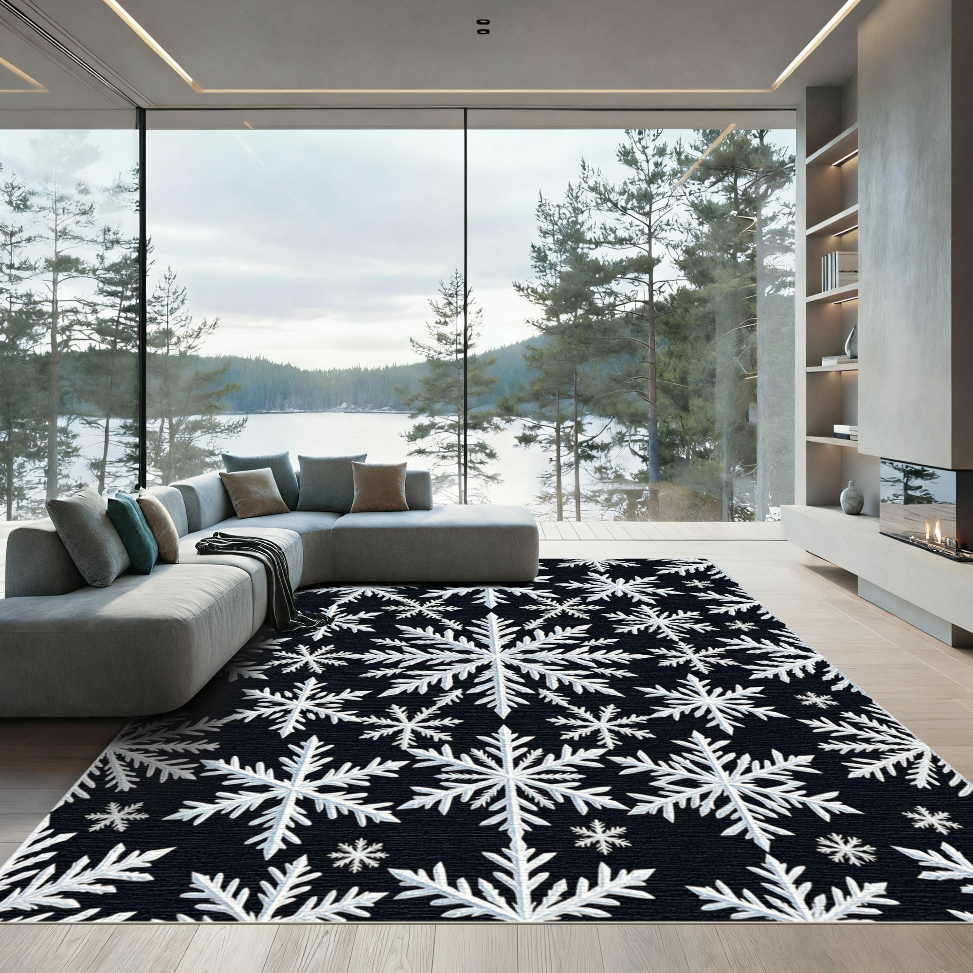 White Snowflake Black Background Repeating Pattern Rug