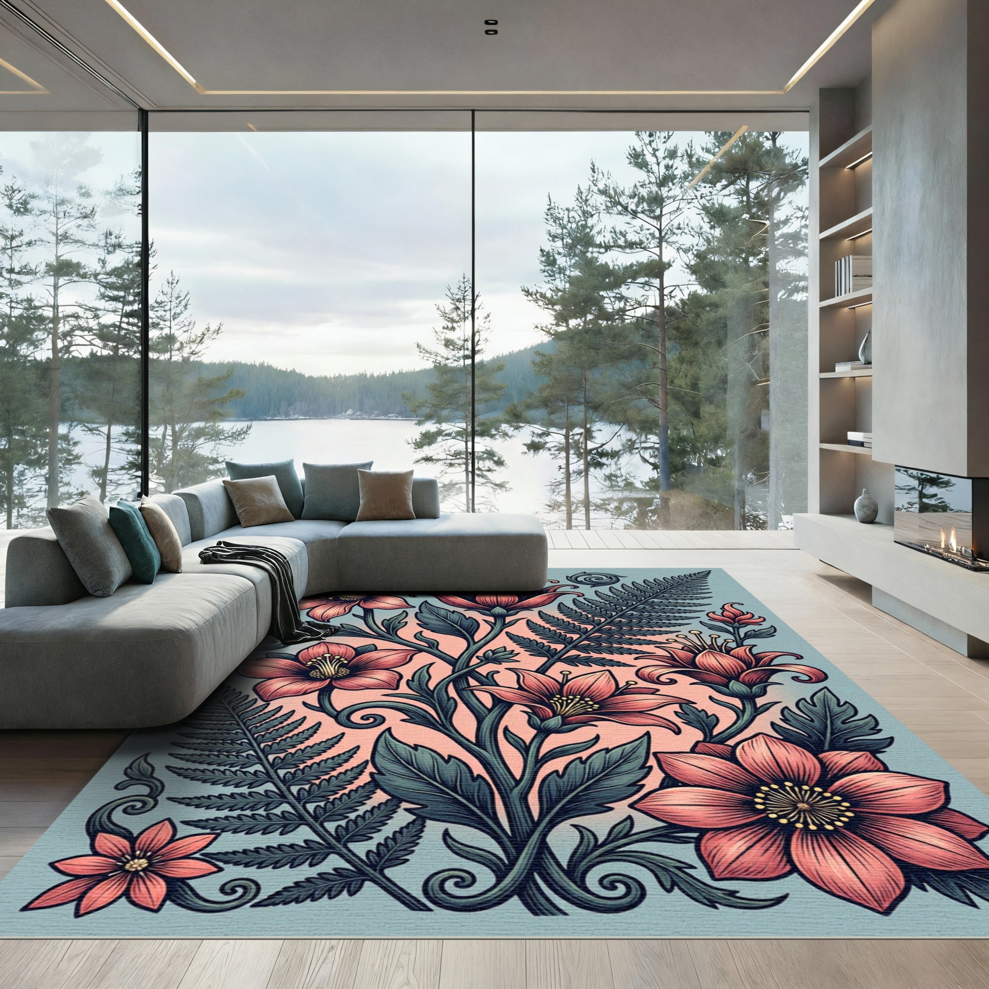 Botanical Pink Lily and Fern Art Rug
