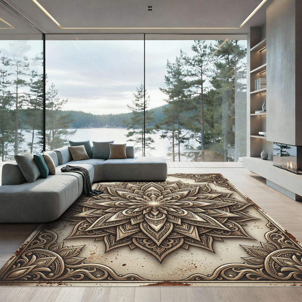 Ornate Golden Floral Layered Mandala Rug