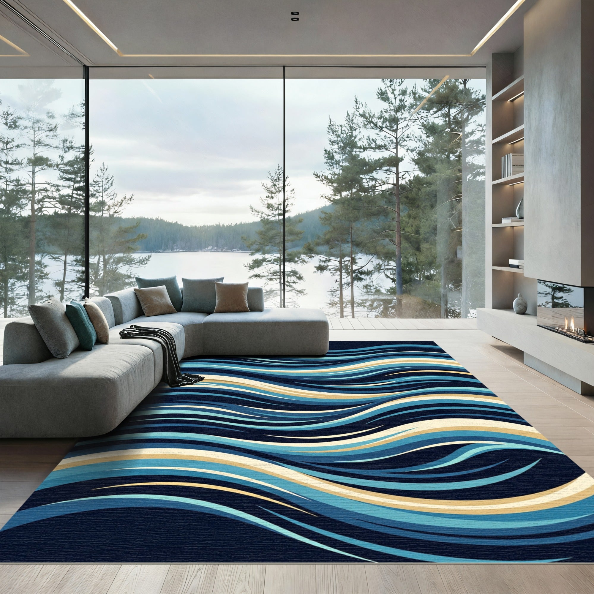 Abstract Navy and Golden Wave Fluid Rug