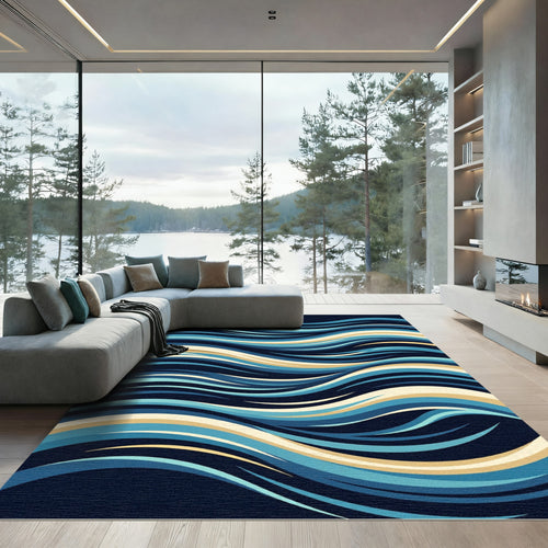 Abstract Navy and Golden Wave Fluid Rug