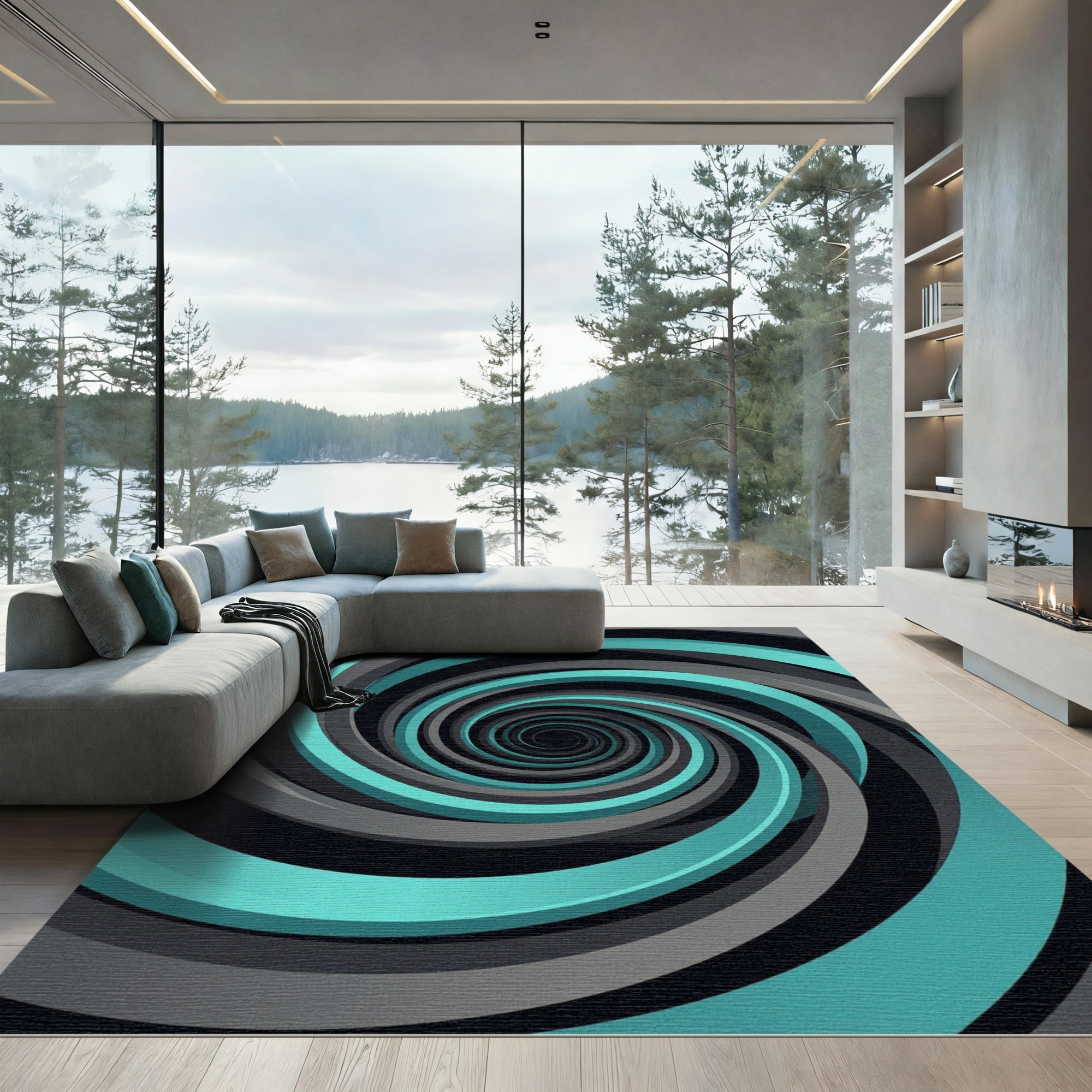 Modern Teal and Gray Infinite Spiral Rug