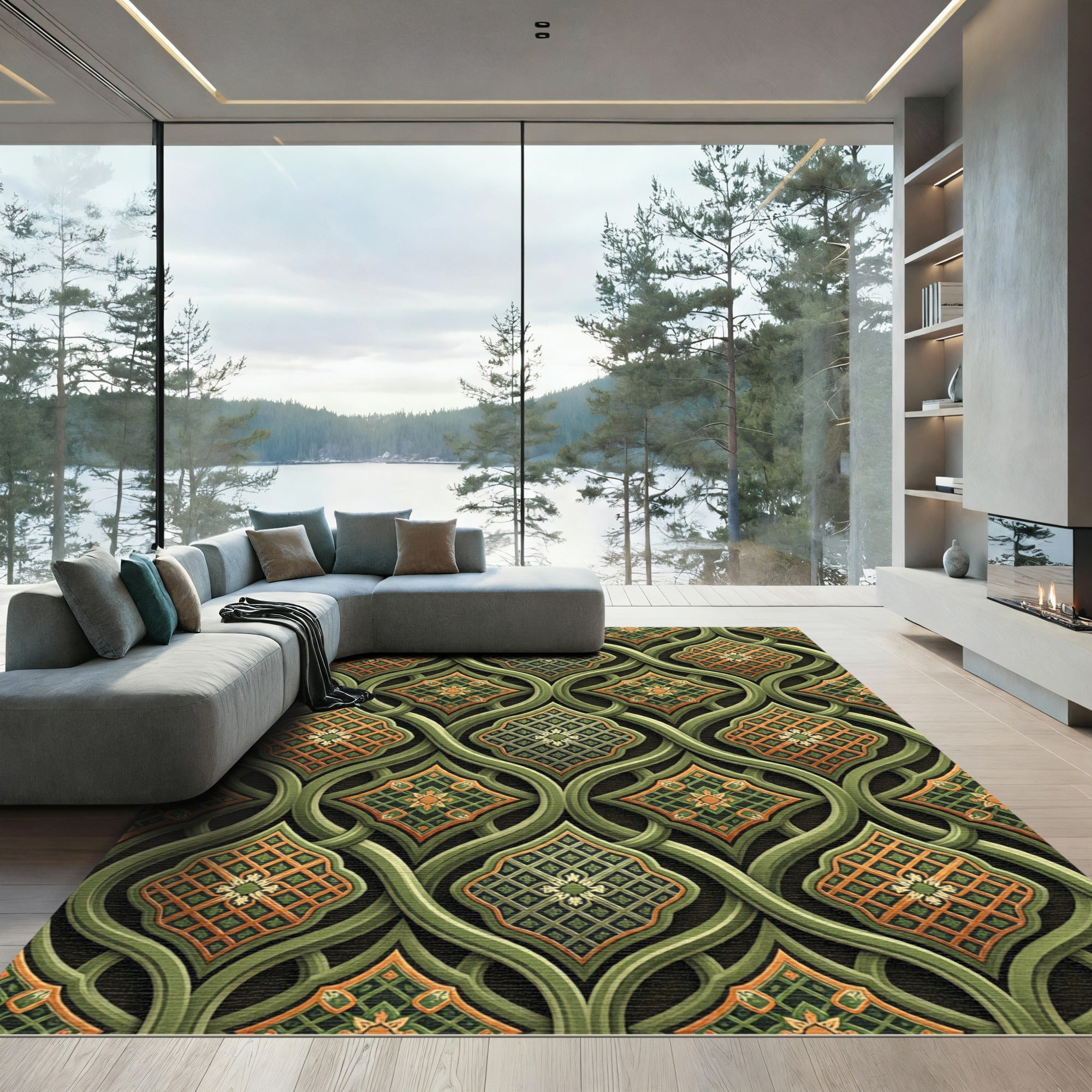Elegant Forest Green Ornate Lattice Rug