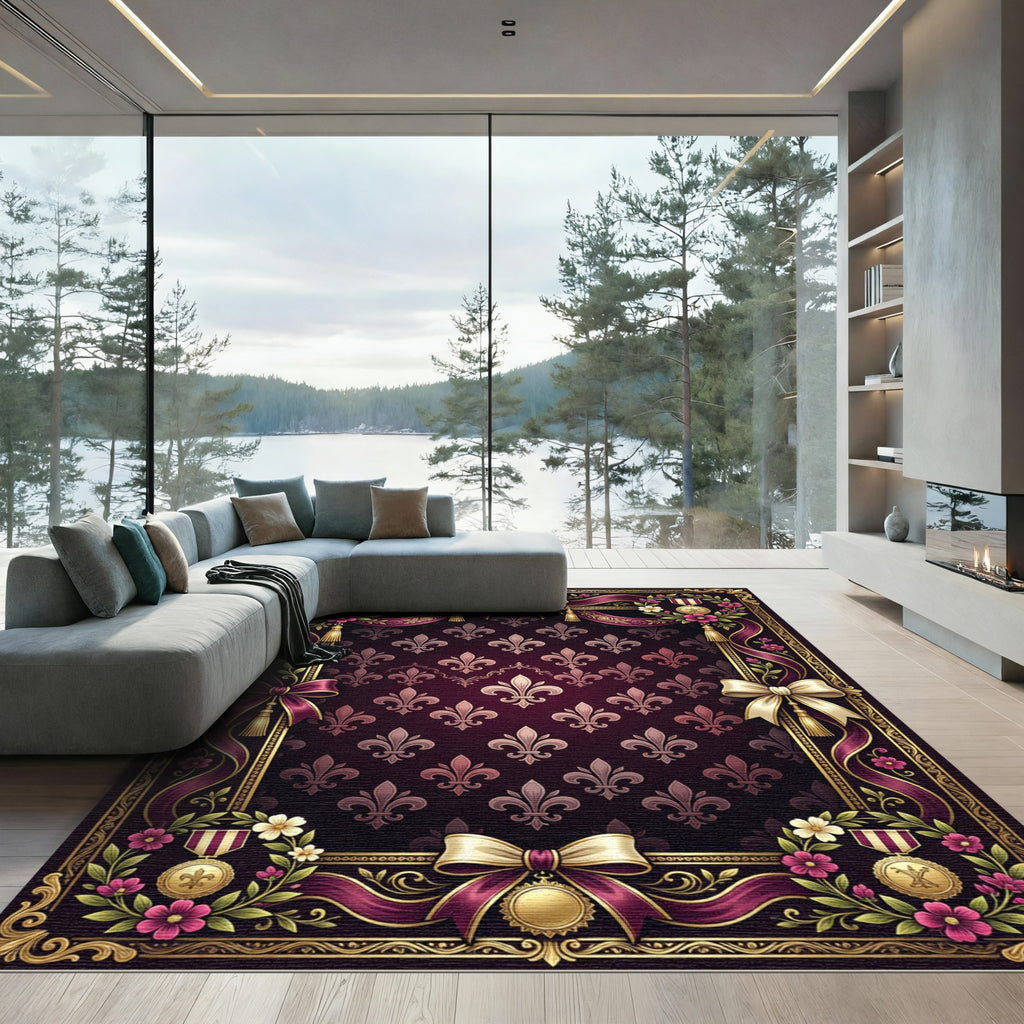 Ornate Plum Fleur De Lis Brocade Ribbon Rug