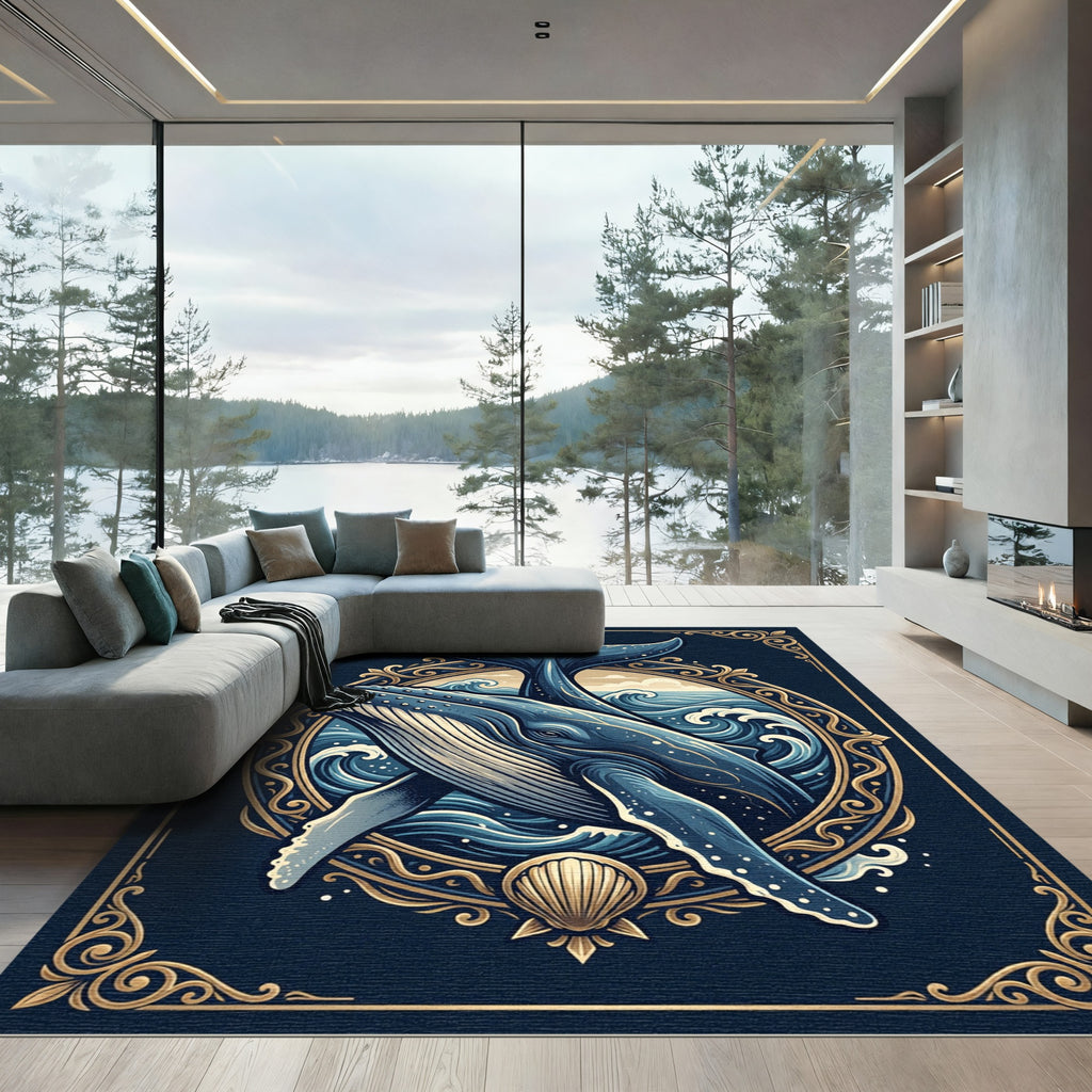Ornate Humpback Whale Ocean Wave Illustration Rug