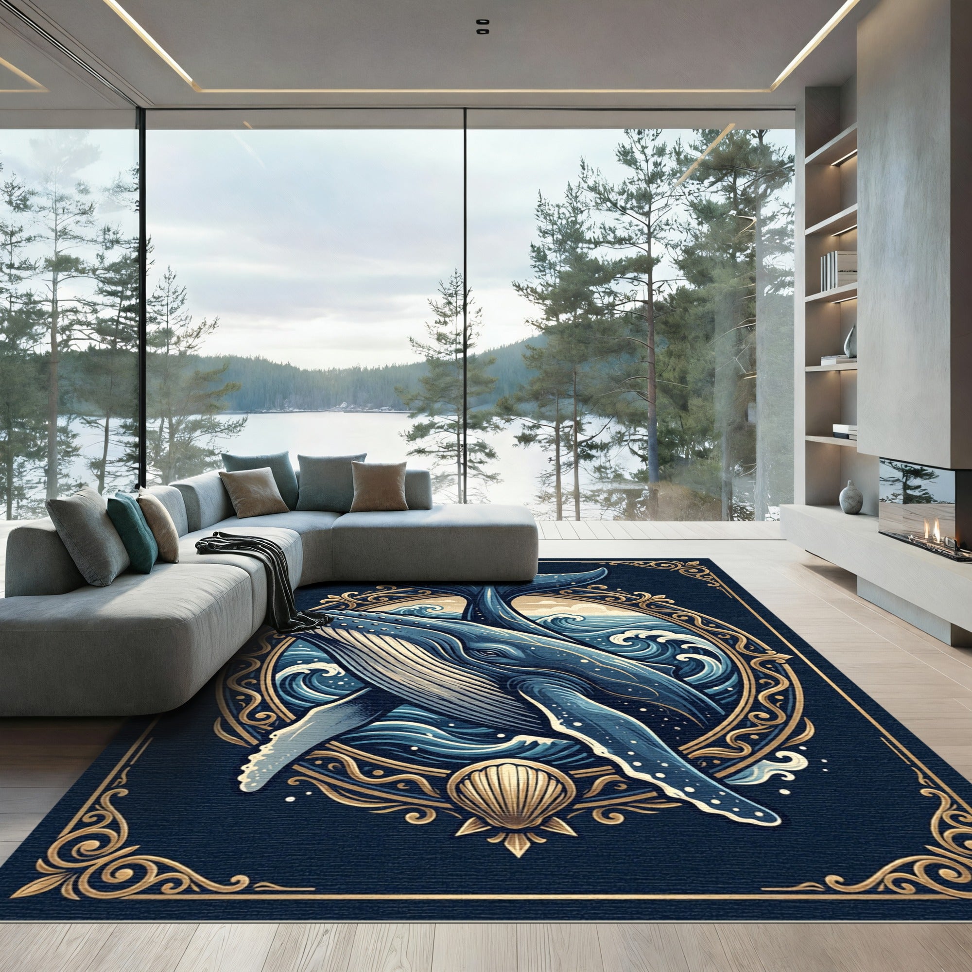 Ornate Humpback Whale Ocean Wave Illustration Rug