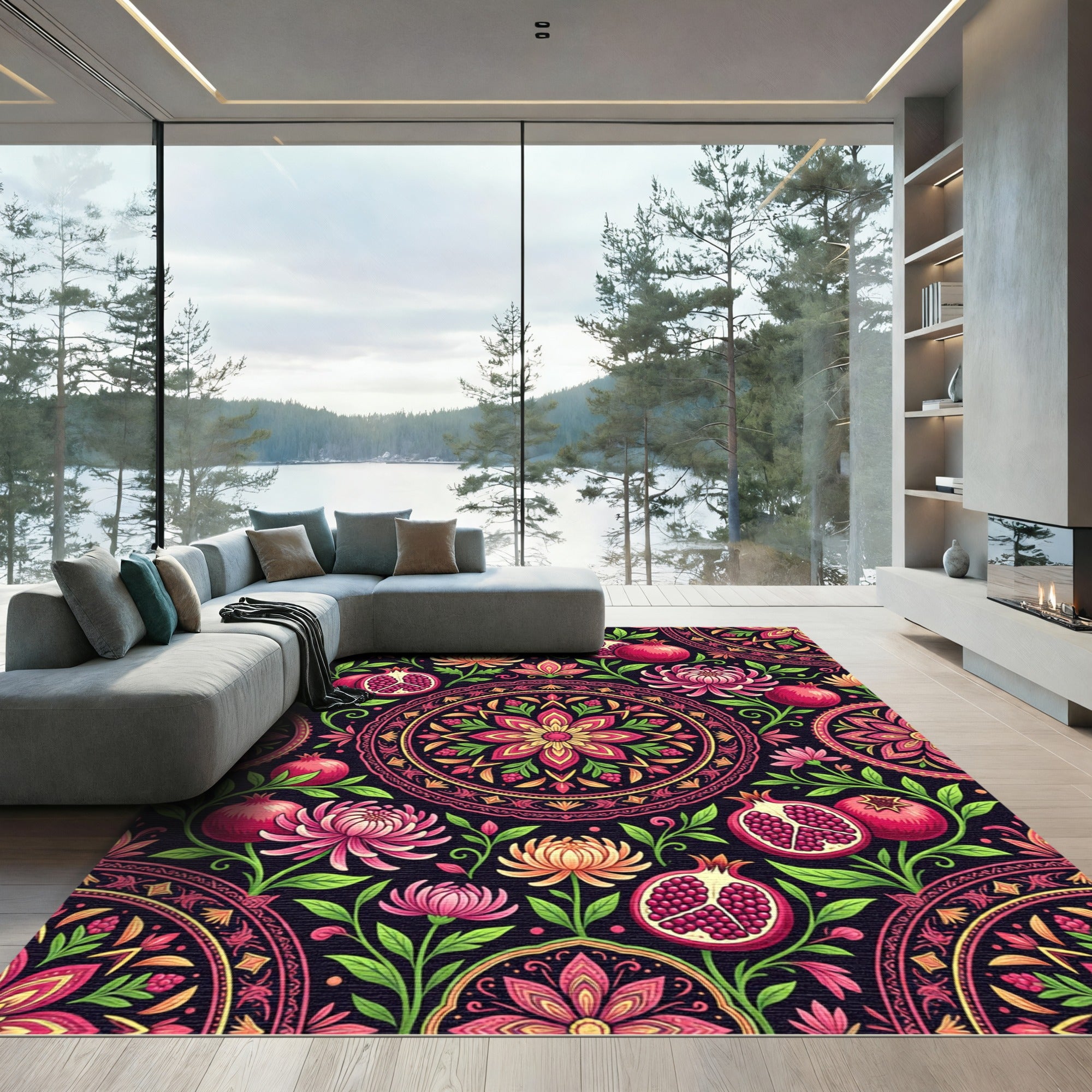 Vivid Pomegranates and Chrysanthemums Mandala Rug