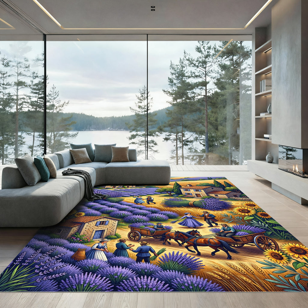 Provencal Lavender Fields and Farmhouse Scene Rug