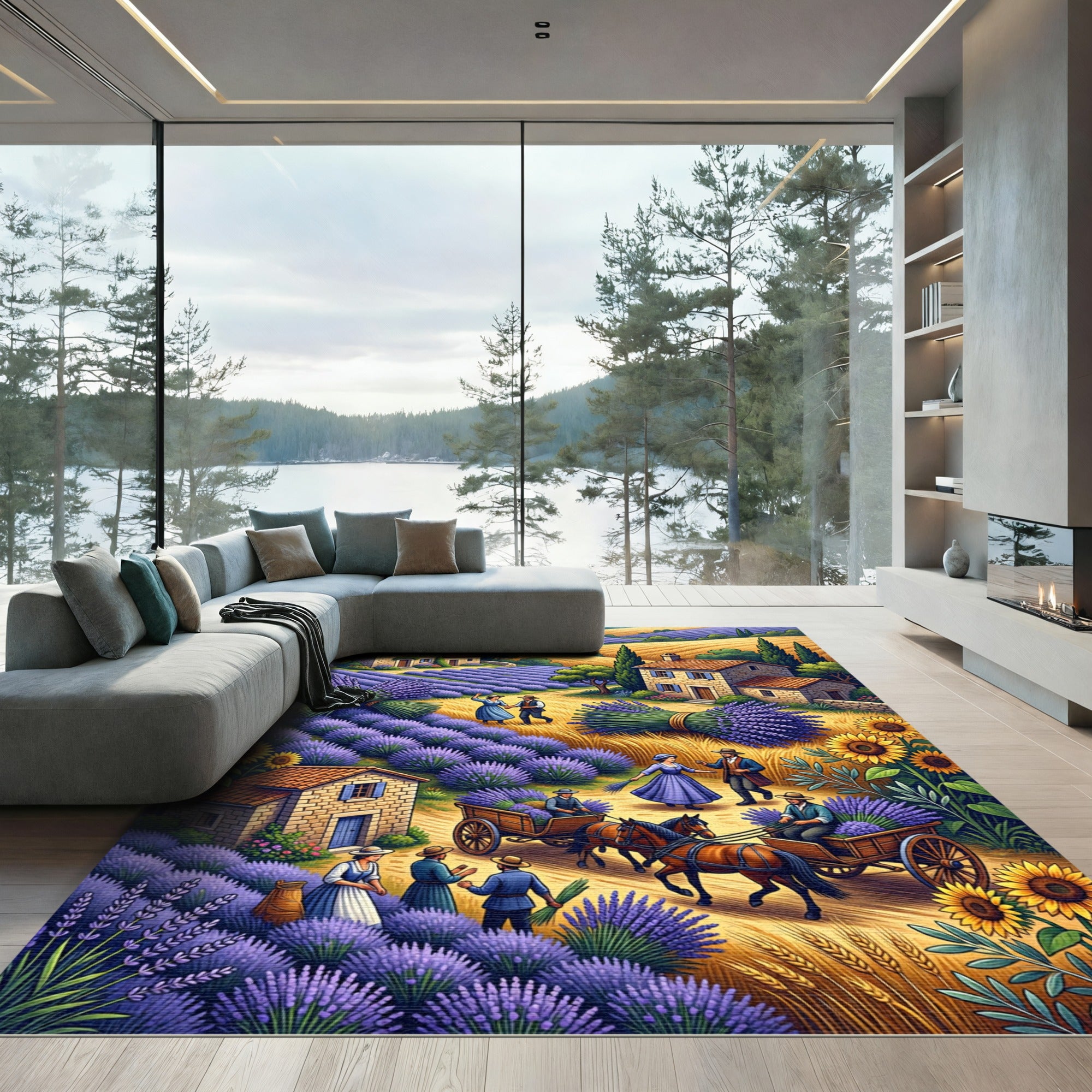 Provencal Lavender Fields and Farmhouse Scene Rug