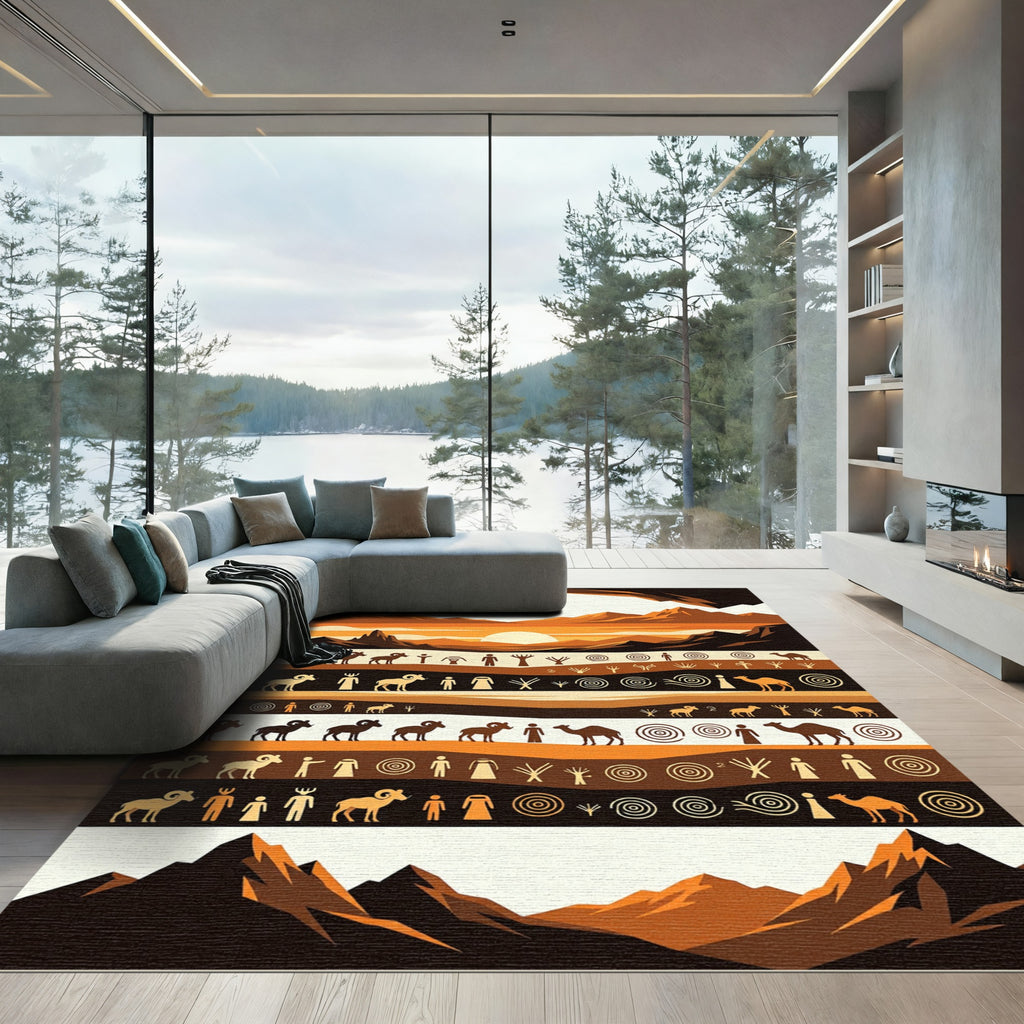 Earthy Sunset Ancient Petroglyph Layered Landscape Rug