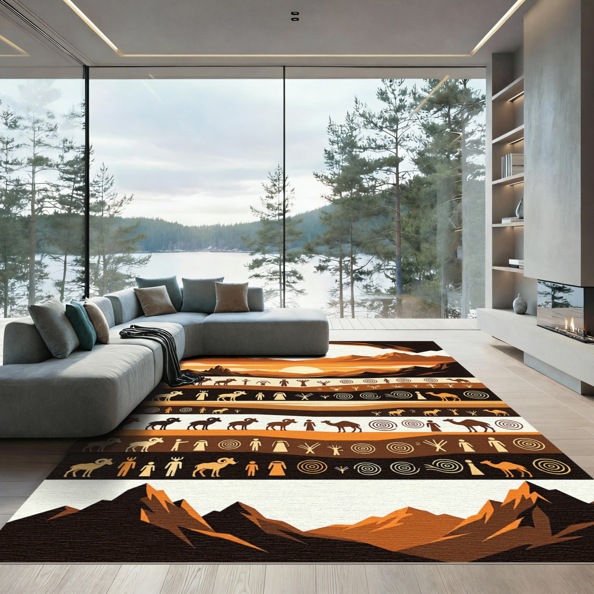 Earthy Sunset Ancient Petroglyph Layered Landscape Rug