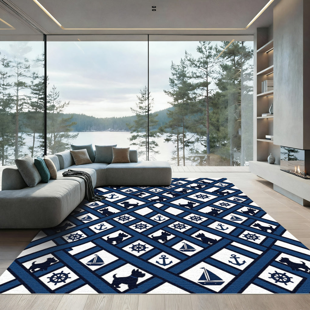 Navy Nautical Scottish Terrier Plaid Rug
