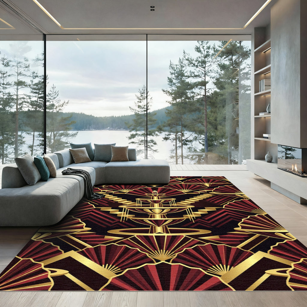 Crimson Gold Fan Fountain Steps Rug