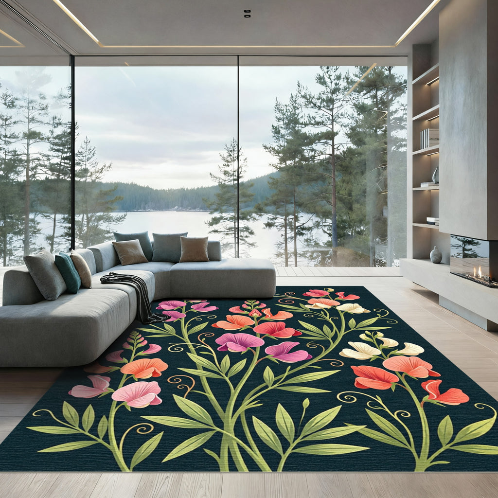 Vibrant Pink Coral Sweet Pea Bloom Rug